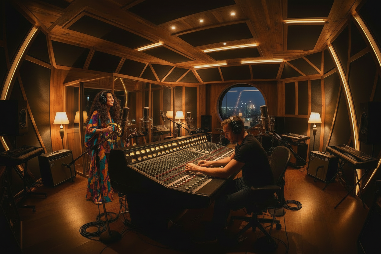 Cinematic Recording Studio with Woman Musician